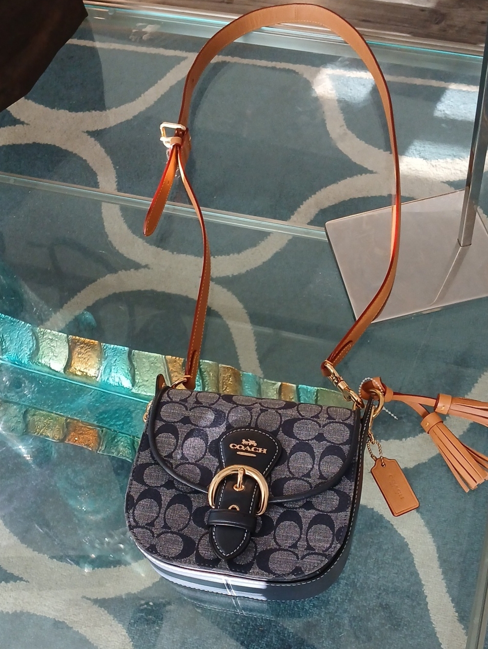 Coach Kleo Navy Signature Denim Crossbody with Tan Leather Strap and Tassel - Picture 8 of 10